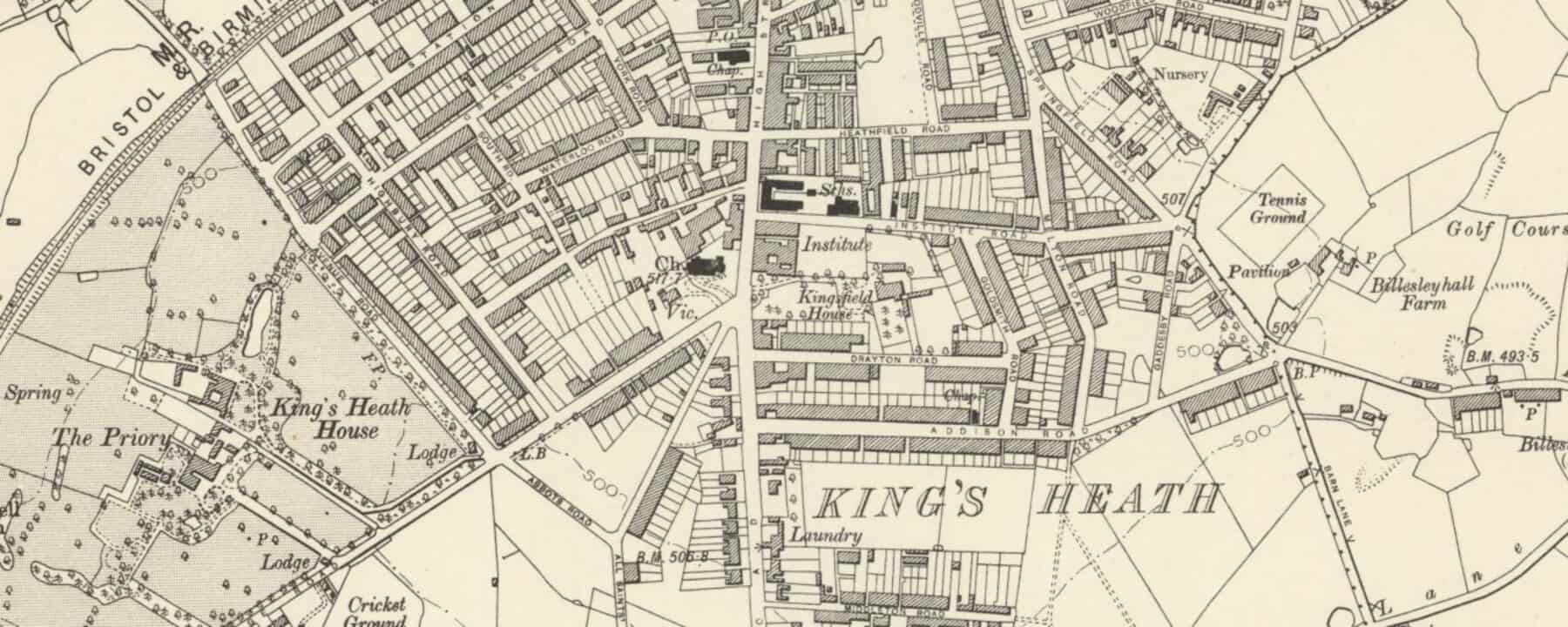 Historic Ordnance Survey map showing Kings Heath High Street in 1888