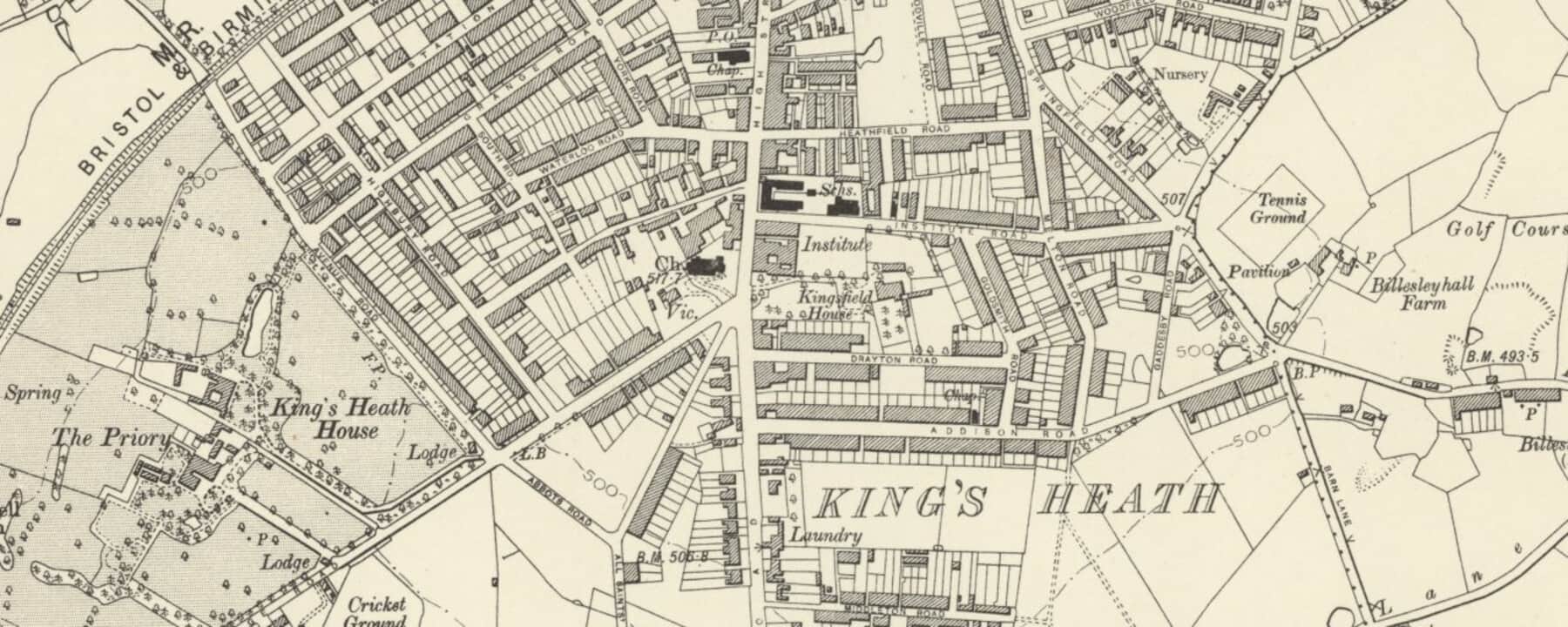 Historic Ordnance Survey map showing Kings Heath High Street in 1888