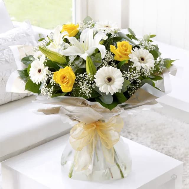 Yellow rose, lily and gerbera bouquet by Whoops a Daisy