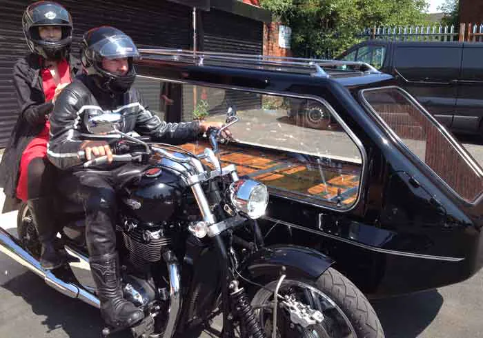 Motorcycle hearse offered by A Natural Undertaking