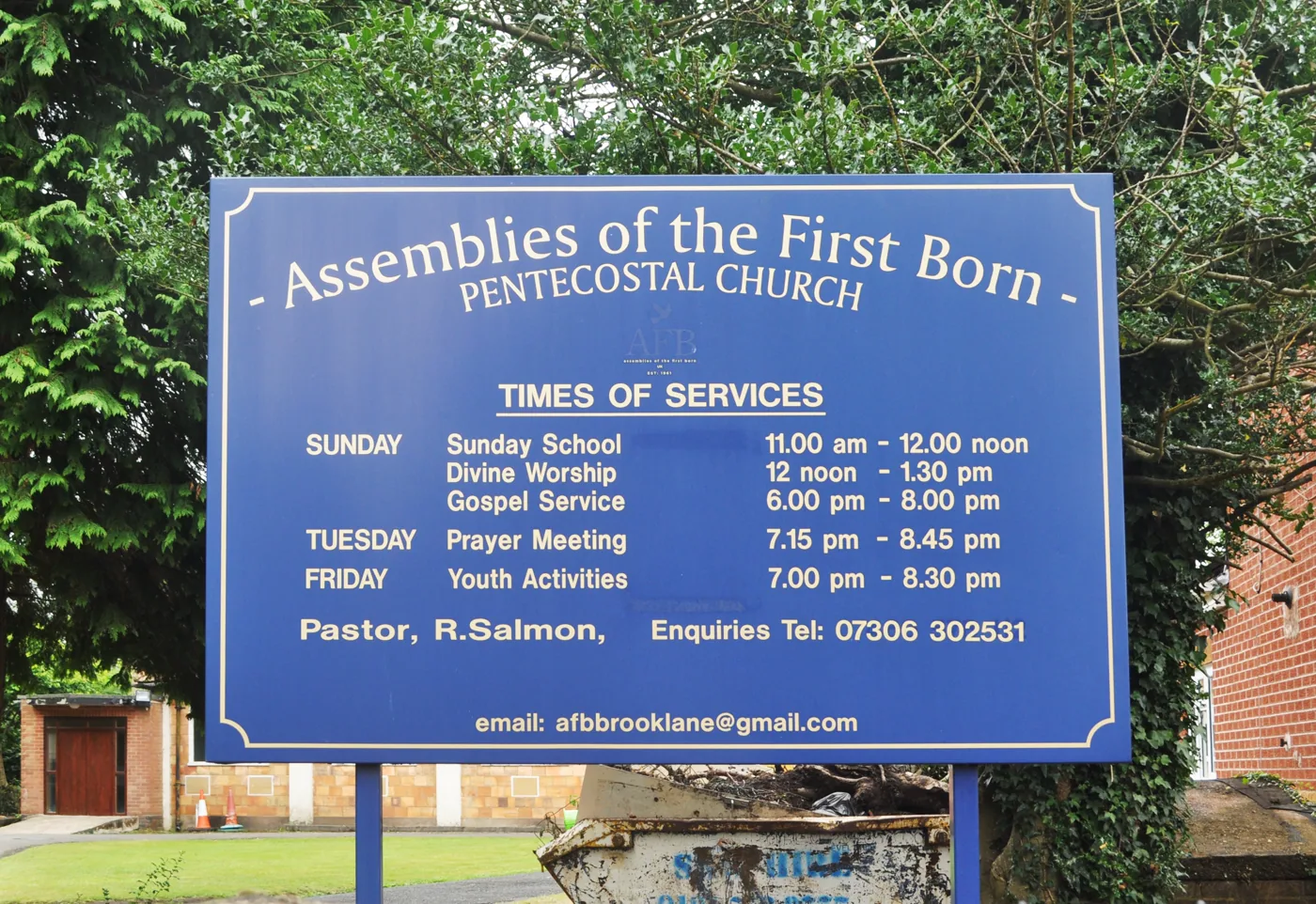 AFB Brook Lane Pentecostal Church sign and service information