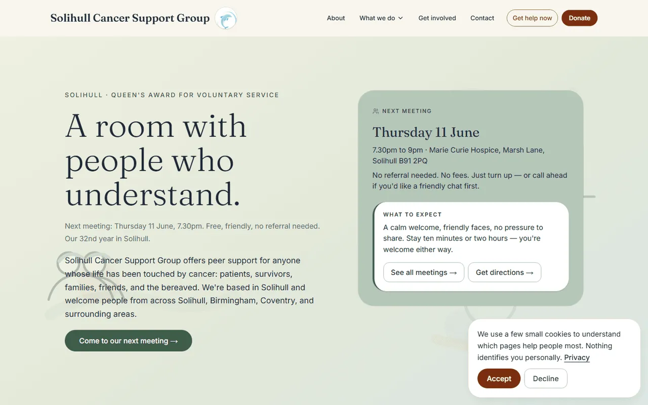 Solihull Cancer Support Group website designed and built by Ampliflow