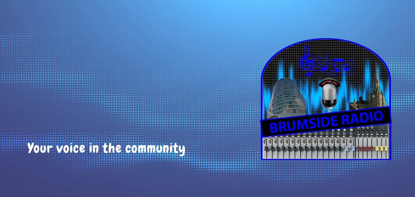 Brumside Radio studio artwork with the station's community message