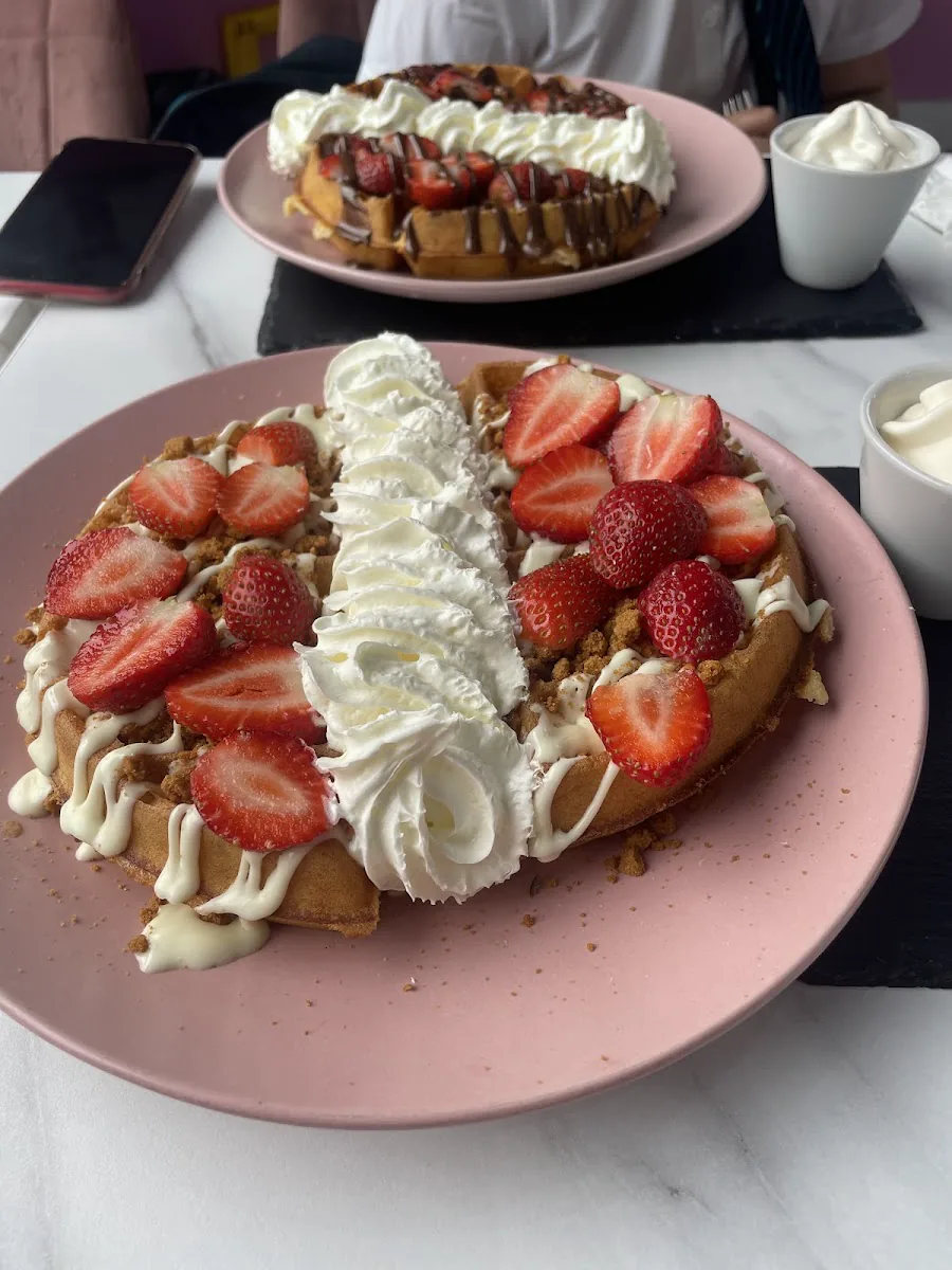Strawberry and cream waffle served at Ever So Sweet