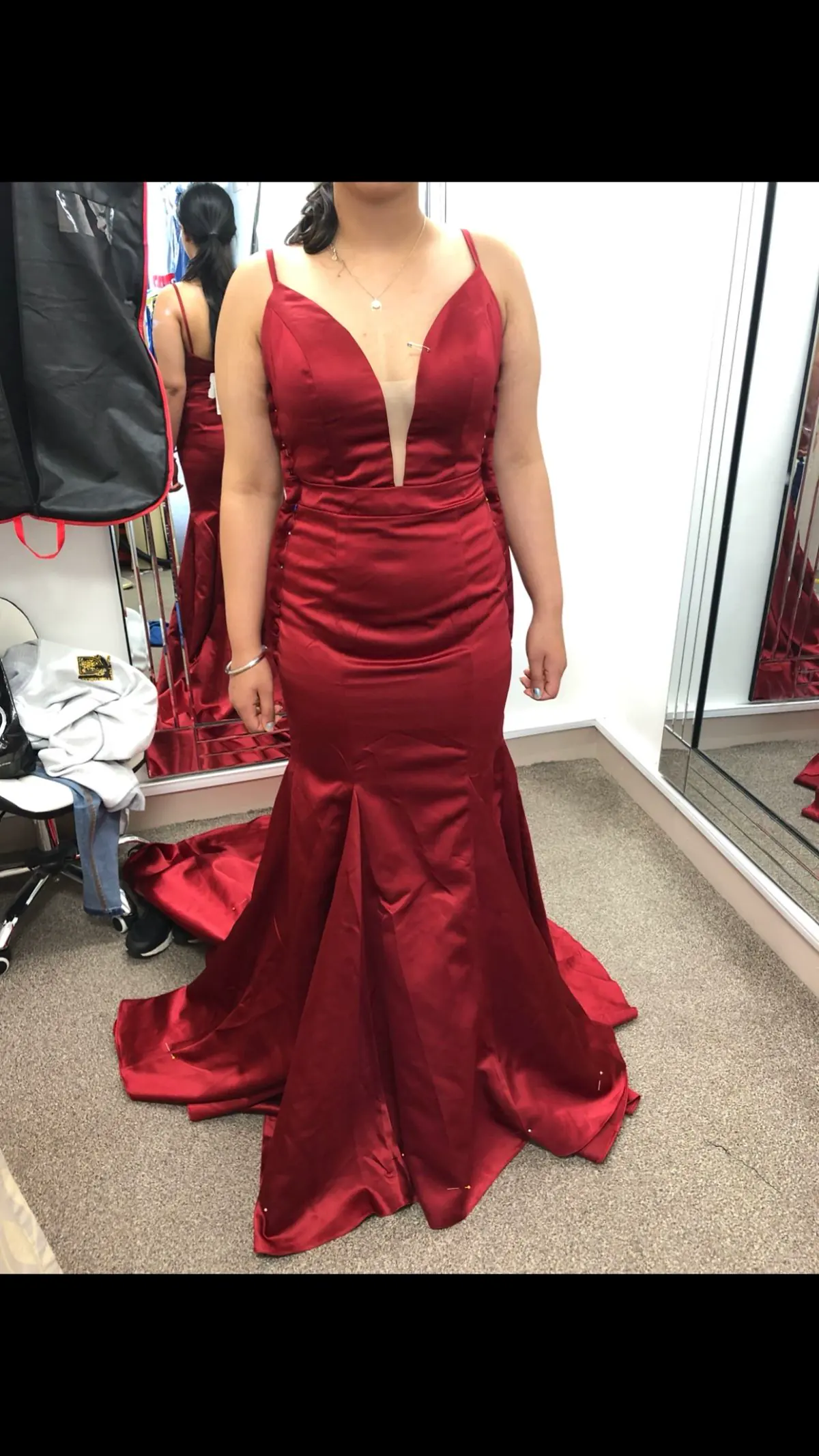 Red formal dress alteration by H & J Stitch