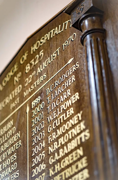 Close-up of the Lodge of Hospitality honours board at Moseley Masonic Hall